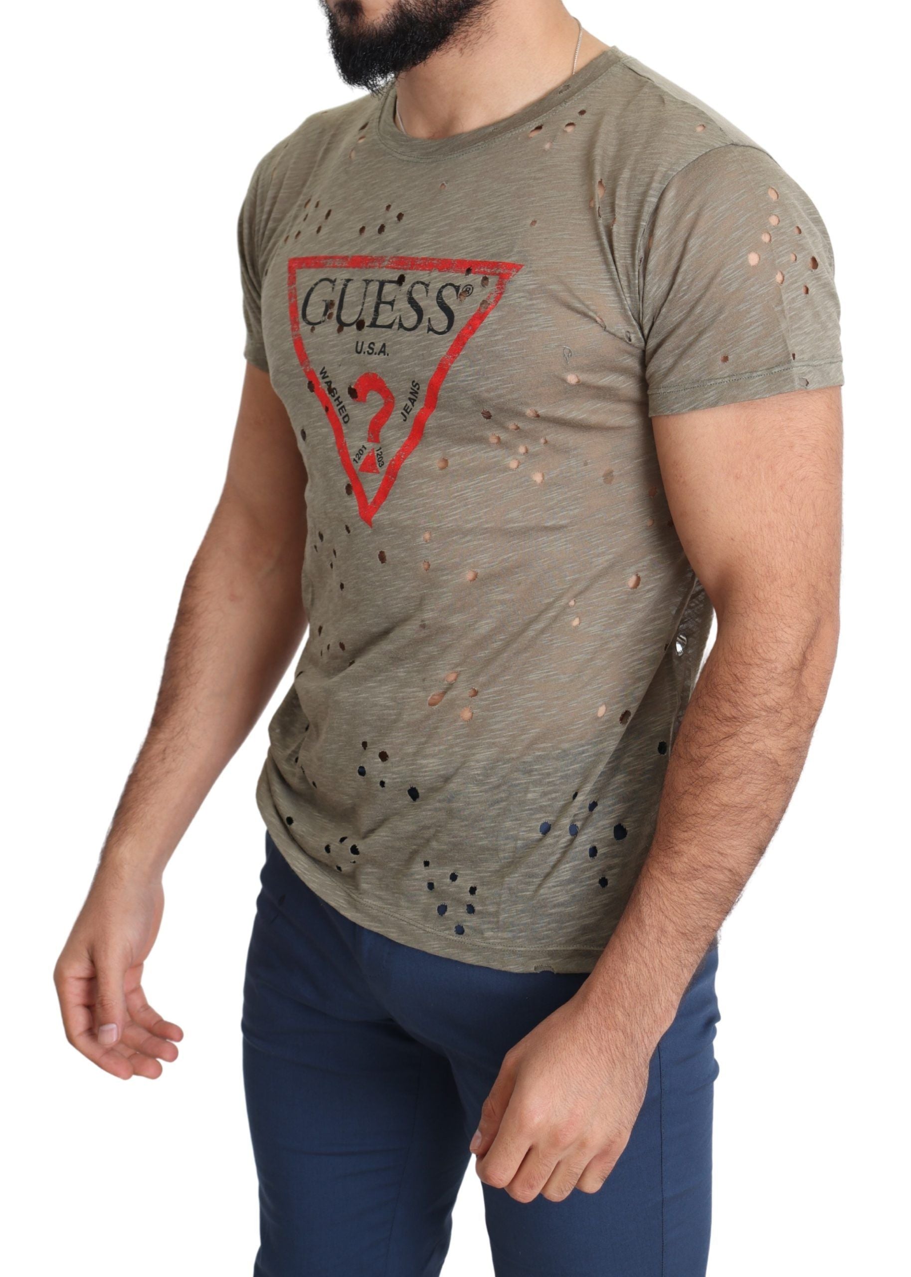 Guess Erkek Kahverengi Pamuklu Streç Tişört Logo Baskılı Günlük Delikli Tişört